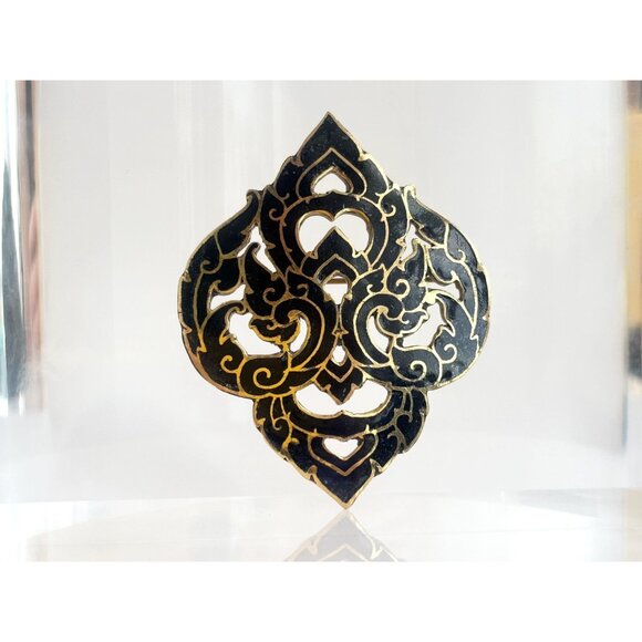 Siam Made Cloissone Gold Toned Black Enamel Ornate Vintage Cutout Brooch Pin - Picture 2 of 10